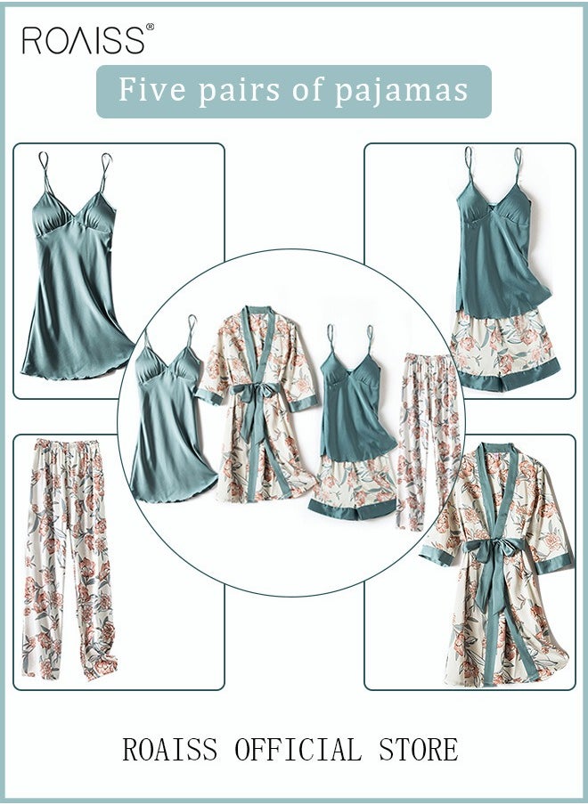 roaiss - 5-Pack Women's Pajama Set Sling with Chest Pad Nightdress Sweet Sleepwear Home Wearing Clothes Suits Ladies Floral Printing Nightwear Lingerie Robe Underwear Shorts Summer Spring Blue - Image 1