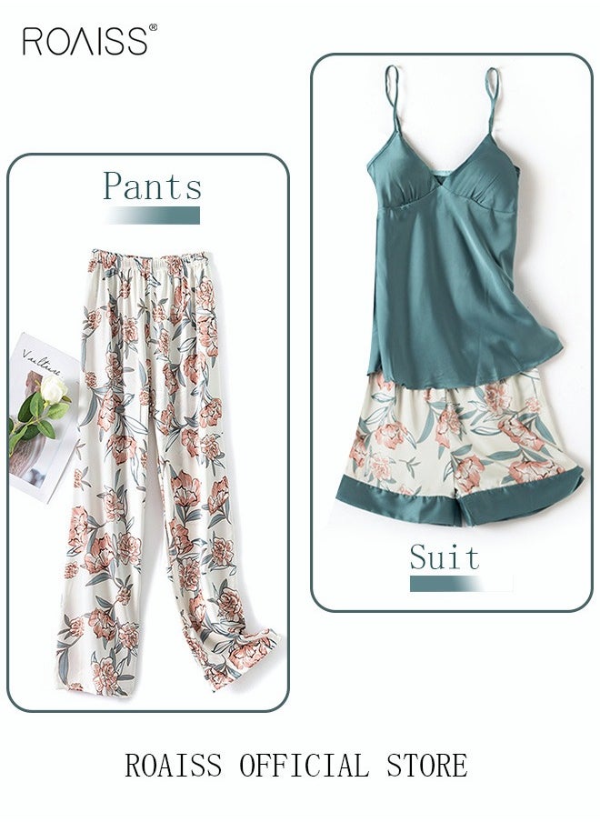 roaiss - 5-Pack Women's Pajama Set Sling with Chest Pad Nightdress Sweet Sleepwear Home Wearing Clothes Suits Ladies Floral Printing Nightwear Lingerie Robe Underwear Shorts Summer Spring Blue - Image 1