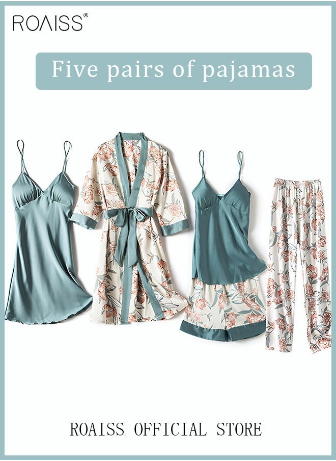 roaiss - 5-Pack Women's Pajama Set Sling with Chest Pad Nightdress Sweet Sleepwear Home Wearing Clothes Suits Ladies Floral Printing Nightwear Lingerie Robe Underwear Shorts Summer Spring Blue - Image 1
