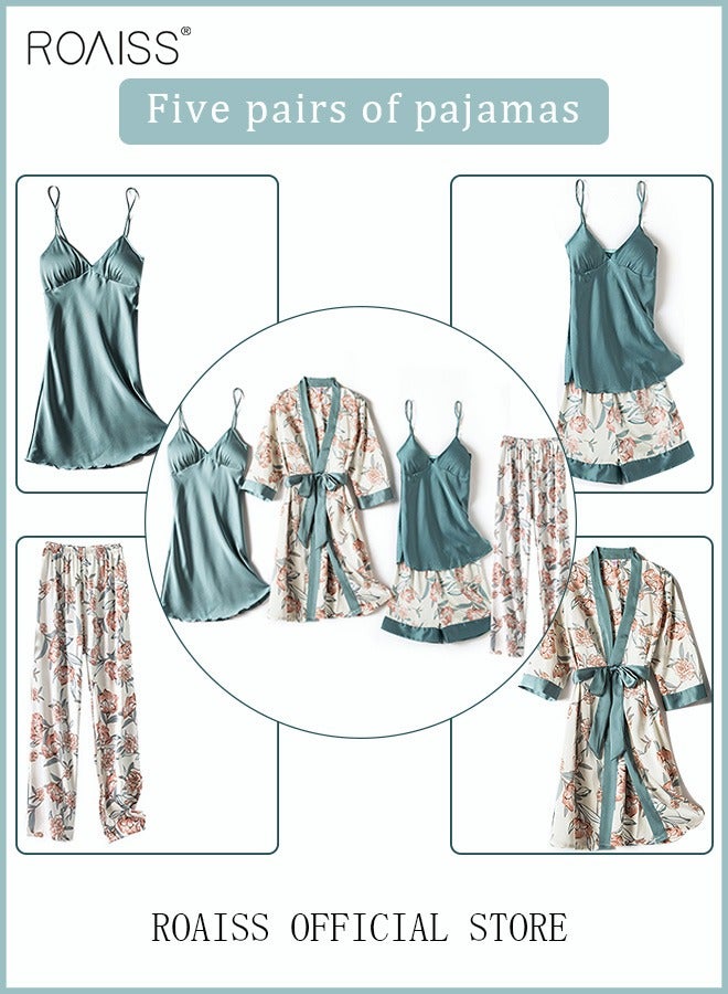 roaiss 5-Pack Women's Pajama Set Sling with Chest Pad Nightdress Sweet Sleepwear Home Wearing Clothes Suits Ladies Floral Printing Nightwear Lingerie Robe Underwear Shorts Summer Spring Blue  - Image 2