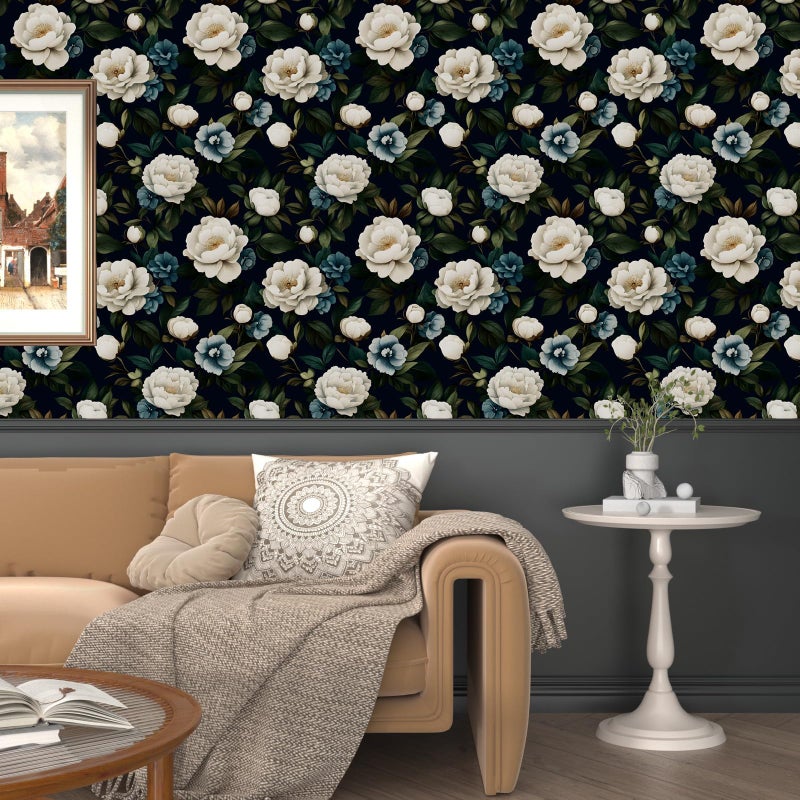 Laatse Navy Blue Floral Wallpaper Peel and Stick Vintage Peony Contact Paper 17.5"X118" Vinyl Waterproof Self Adhesive Removable Dark Botanical Print Wall Paper for Bedroom Living Room Cabinets - Image 4
