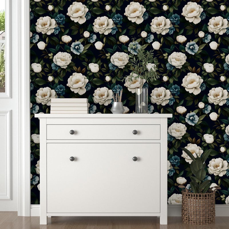 Laatse Navy Blue Floral Wallpaper Peel and Stick Vintage Peony Contact Paper 17.5"X118" Vinyl Waterproof Self Adhesive Removable Dark Botanical Print Wall Paper for Bedroom Living Room Cabinets - Image 3