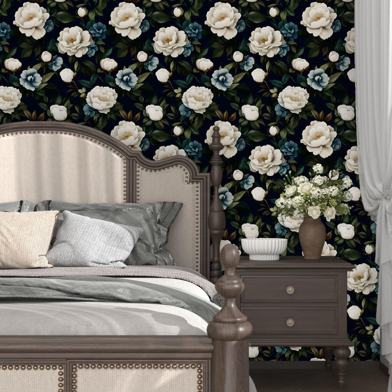 Laatse Navy Blue Floral Wallpaper Peel and Stick Vintage Peony Contact Paper 17.5"X118" Vinyl Waterproof Self Adhesive Removable Dark Botanical Print Wall Paper for Bedroom Living Room Cabinets - Image 2