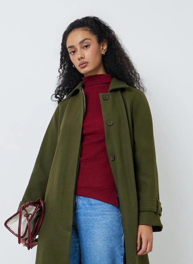 Olive Wool Look Midi Coat with Tie-Belt