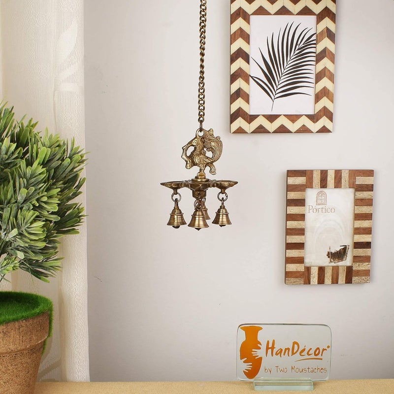 Two Moustaches Peacock Design 4 Oil Wick Brass Hanging Diya for Home Decor Standard Pack of 1 - Image 2