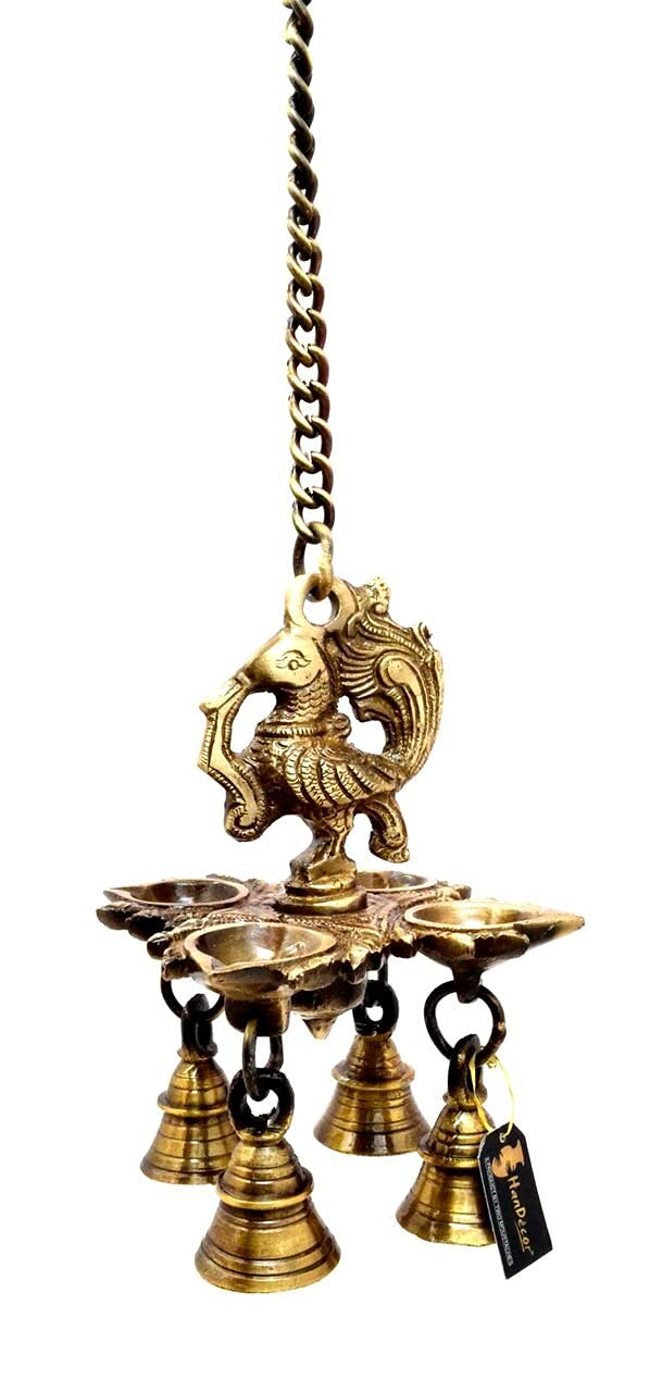 Two Moustaches Peacock Design 4 Oil Wick Brass Hanging Diya for Home Decor Standard Pack of 1 - Image 3