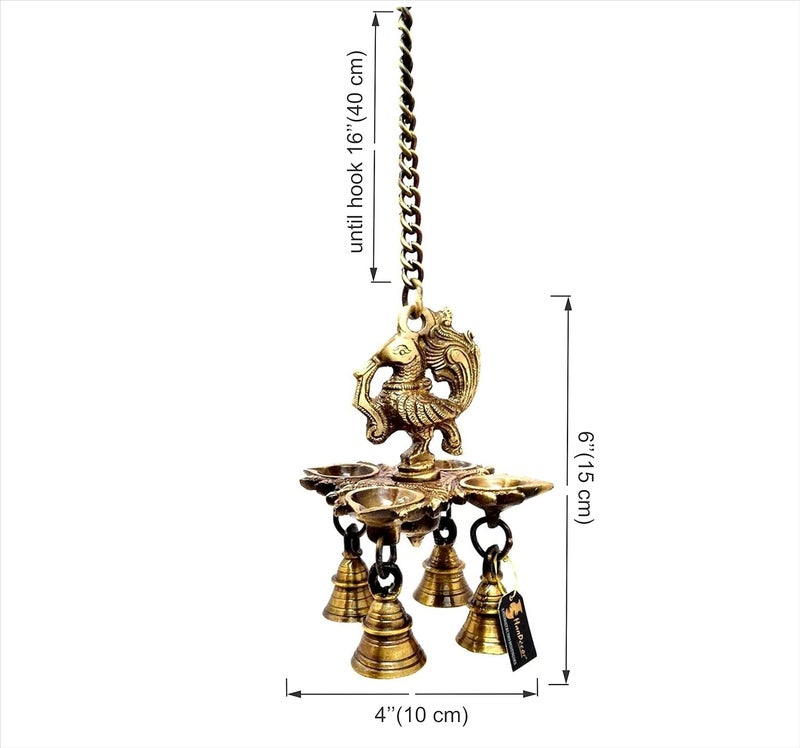 Two Moustaches Peacock Design 4 Oil Wick Brass Hanging Diya for Home Decor Standard Pack of 1 - Image 5