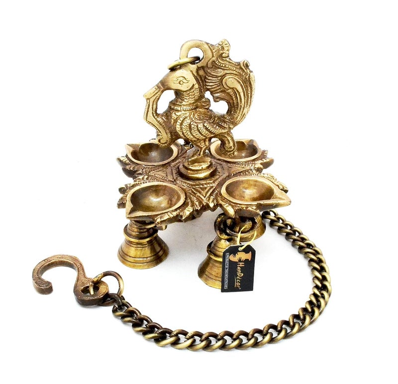 Two Moustaches Peacock Design 4 Oil Wick Brass Hanging Diya for Home Decor Standard Pack of 1 - Image 1