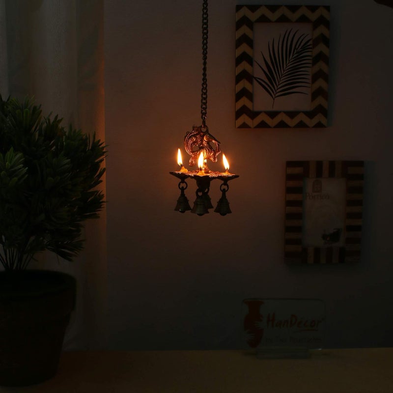 Two Moustaches Peacock Design 4 Oil Wick Brass Hanging Diya for Home Decor Standard Pack of 1 - Image 4