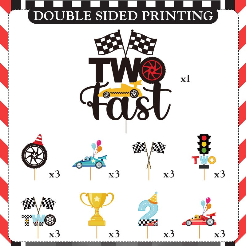 Hokinaa Two Fast Cake Decorations - 25 Pcs Race Car Theme Curious Baby 2nd Birthday Cupcake Topper Let's Go Racing Table Decor Trophy Checkered Flag Traffic Light 2 Years Old Party Supplies for Boys - Image 3