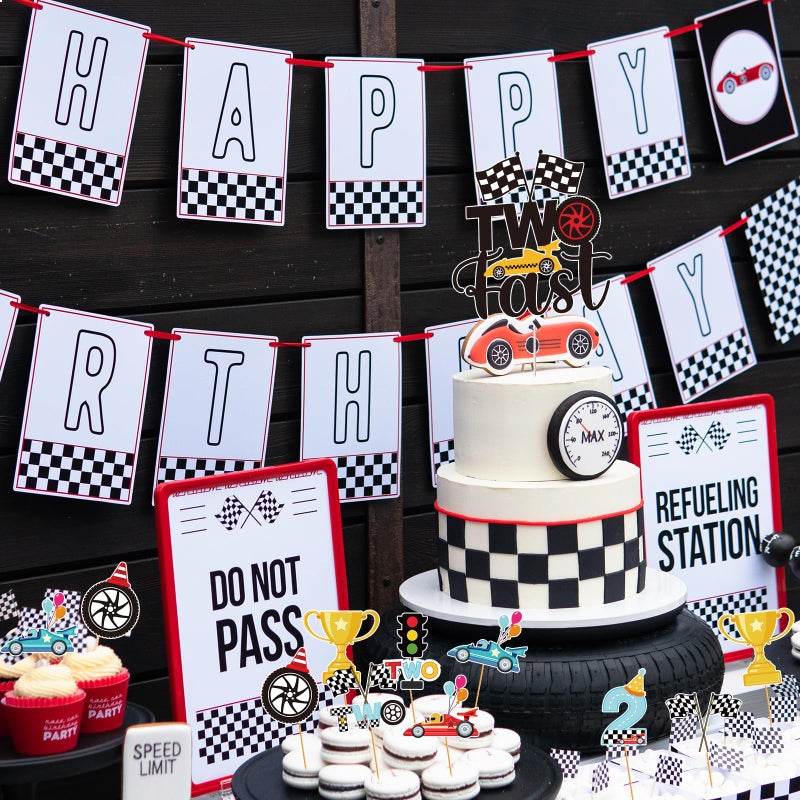 Hokinaa Two Fast Cake Decorations - 25 Pcs Race Car Theme Curious Baby 2nd Birthday Cupcake Topper Let's Go Racing Table Decor Trophy Checkered Flag Traffic Light 2 Years Old Party Supplies for Boys - Image 5