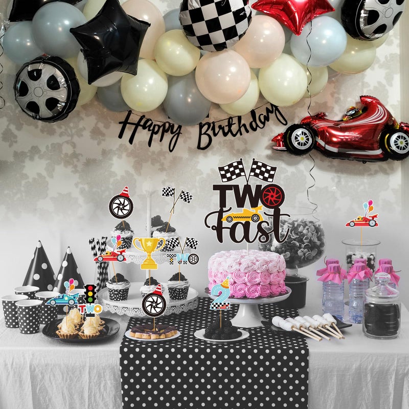 Hokinaa Two Fast Cake Decorations - 25 Pcs Race Car Theme Curious Baby 2nd Birthday Cupcake Topper Let's Go Racing Table Decor Trophy Checkered Flag Traffic Light 2 Years Old Party Supplies for Boys - Image 2