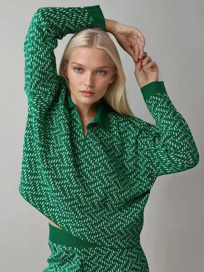 My Fashion Green MY FASHION Patterned Knitwear Polo Sweater for Women | Best Price UAE