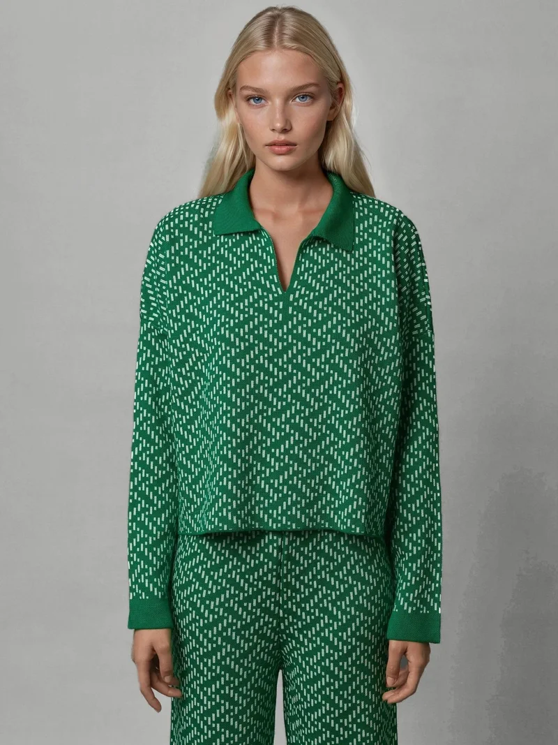 My Fashion Green MY FASHION Patterned Knitwear Polo Sweater for Women | Best Price UAE