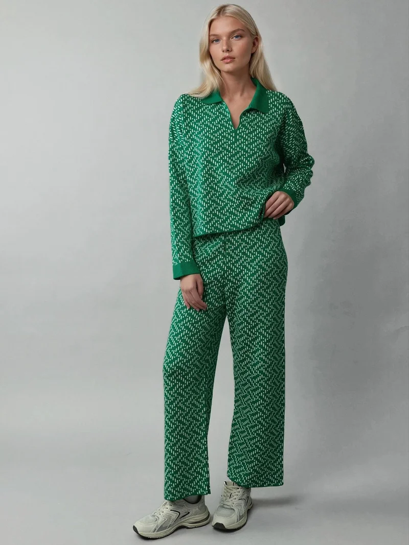 My Fashion Green MY FASHION Patterned Knitwear Polo Sweater for Women | Best Price UAE