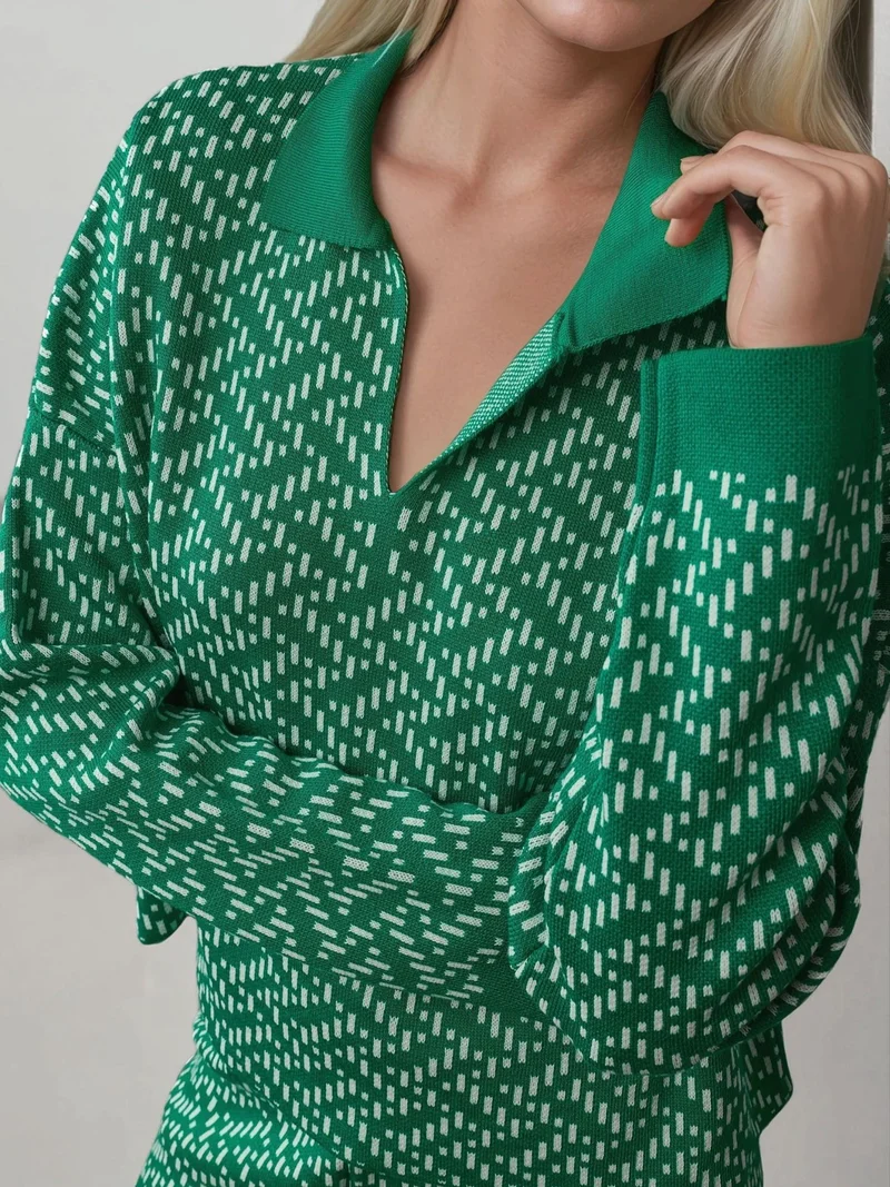 My Fashion Green MY FASHION Patterned Knitwear Polo Sweater for Women | Best Price UAE