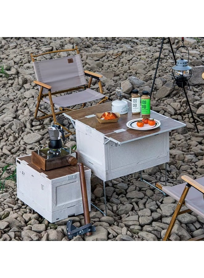 BlueFire 50L Large Capacity Folding Camping Storage Box with Wooden Lid - Portable Outdoor Picnic Table, Waterproof Plastic Organizer for Car Trunk, Tailgating, & Beach Trips | Multi-Functional Foldable Storage Table - Image 1