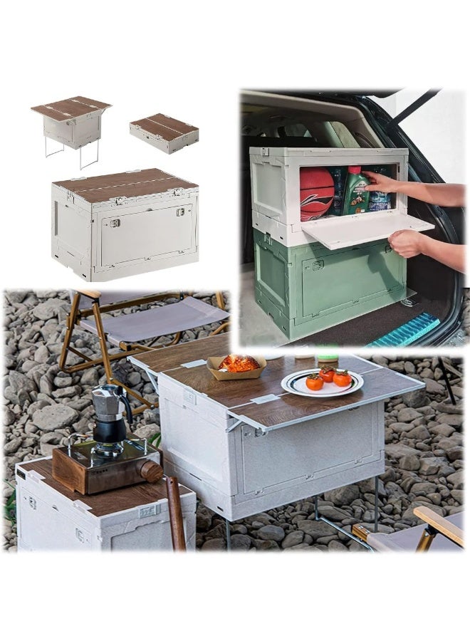 BlueFire 50L Large Capacity Folding Camping Storage Box with Wooden Lid - Portable Outdoor Picnic Table, Waterproof Plastic Organizer for Car Trunk, Tailgating, & Beach Trips | Multi-Functional Foldable Storage Table - Image 3