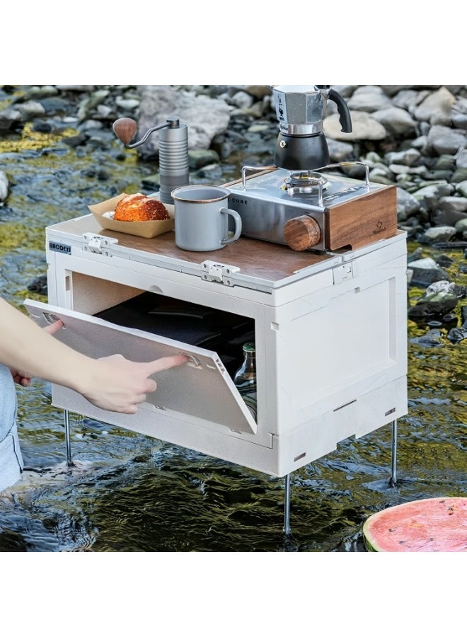 BlueFire 50L Large Capacity Folding Camping Storage Box with Wooden Lid - Portable Outdoor Picnic Table, Waterproof Plastic Organizer for Car Trunk, Tailgating, & Beach Trips | Multi-Functional Foldable Storage Table - Image 2