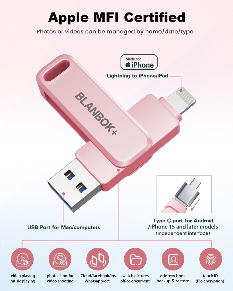 BLANBOK+ MFi Certified 256GB Flash Drive for iPhone Photo Stick, USB Memory Stick iPhone Flash Drive for Photos Videos, High Speed External Storage USB Stick Thumb Drive for iPhone/iPad/Android/PC(Rose Pink) - Image 2