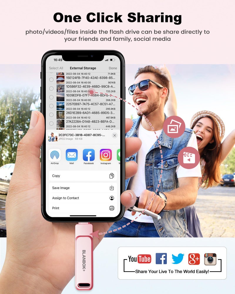 BLANBOK+ MFi Certified 256GB Flash Drive for iPhone Photo Stick, USB Memory Stick iPhone Flash Drive for Photos Videos, High Speed External Storage USB Stick Thumb Drive for iPhone/iPad/Android/PC(Rose Pink) - Image 4