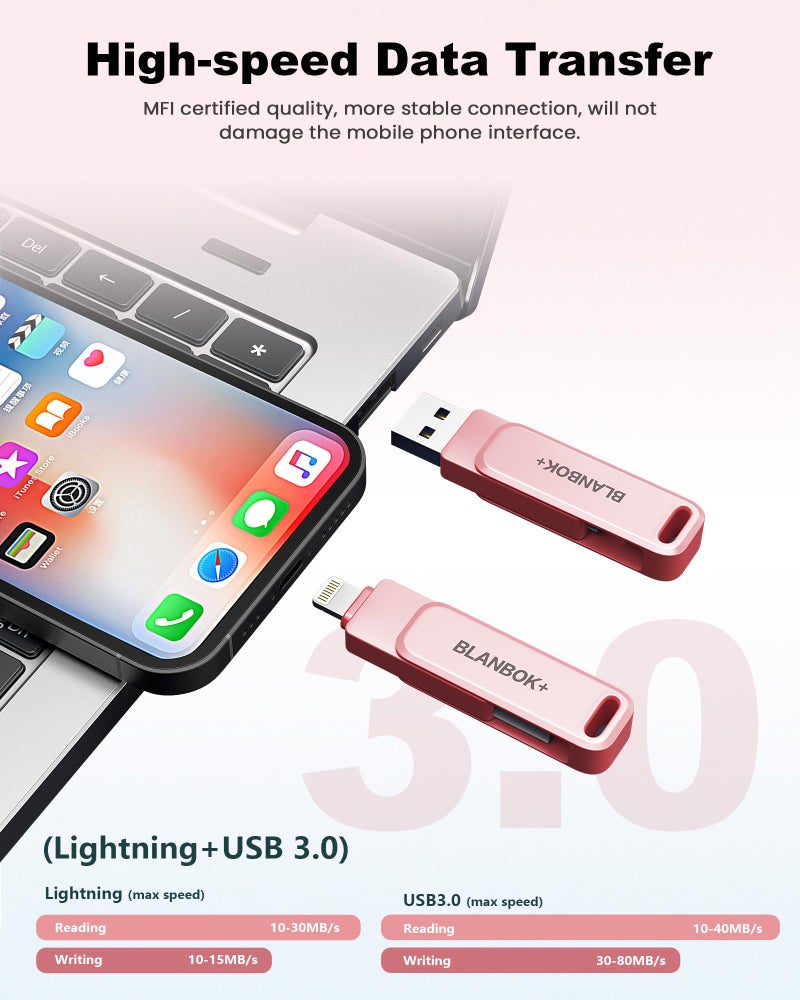 BLANBOK+ MFi Certified 256GB Flash Drive for iPhone Photo Stick, USB Memory Stick iPhone Flash Drive for Photos Videos, High Speed External Storage USB Stick Thumb Drive for iPhone/iPad/Android/PC(Rose Pink) - Image 5