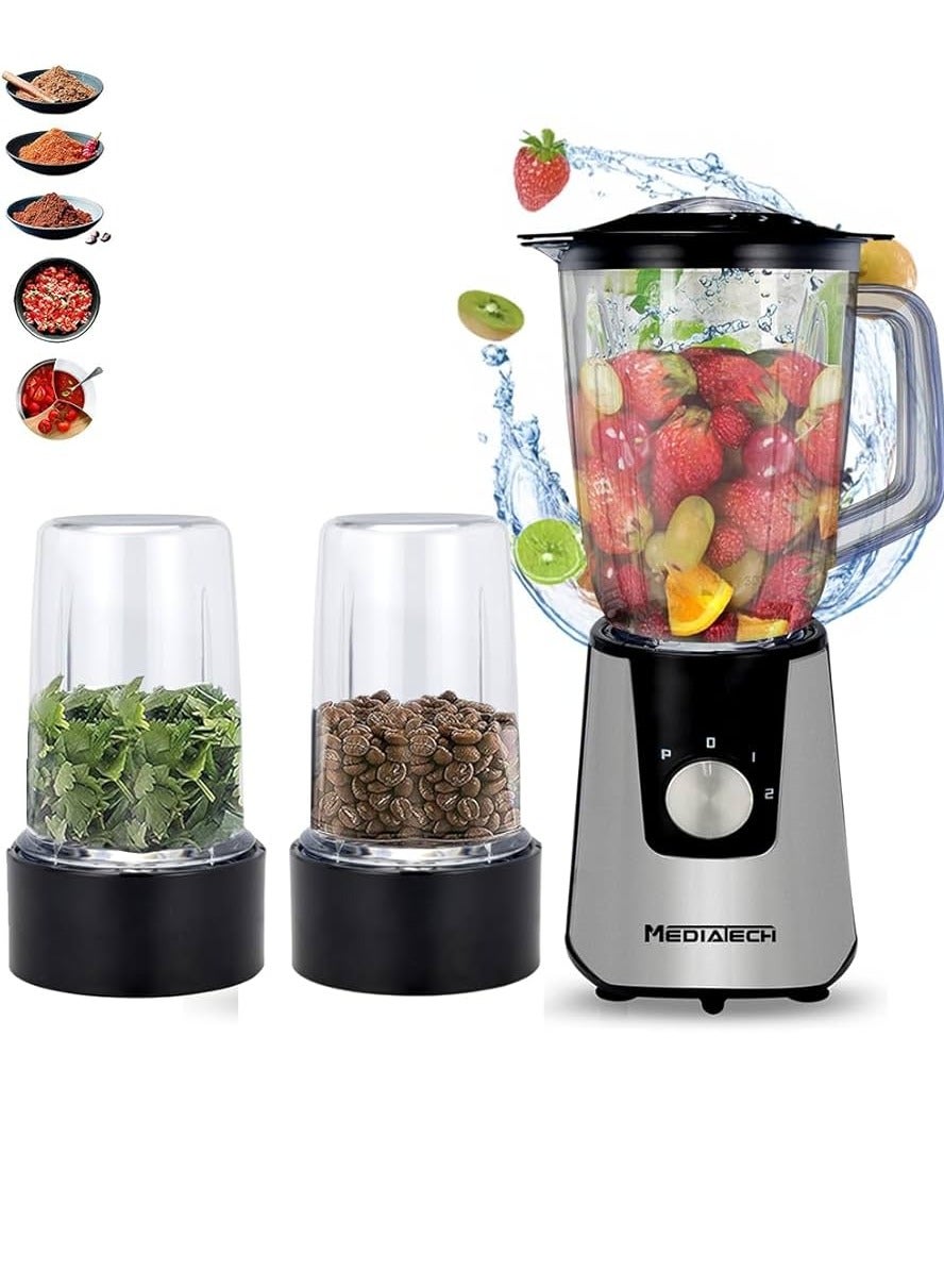 3-in-1 Blender with 600W Power, Grinder, and Juice Cup by Media Tec- Model MT-B18, Black