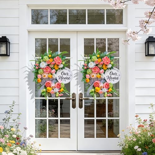 Soomeir Spring Summer Wreaths for Front Door 24 Inch, Half Moon Wreath with Peony, Rose & Dalia, Outdoor Spring Wreaths for Front Door Outside, Summer Wreath for Front Door Farmhouse Welcome Sign Door Decor - Image 5