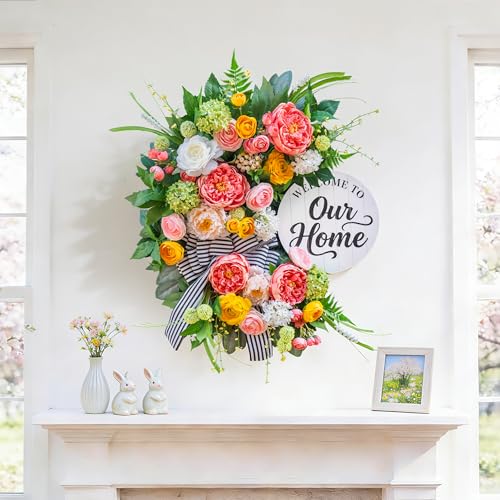 Soomeir Spring Summer Wreaths for Front Door 24 Inch, Half Moon Wreath with Peony, Rose & Dalia, Outdoor Spring Wreaths for Front Door Outside, Summer Wreath for Front Door Farmhouse Welcome Sign Door Decor - Image 3
