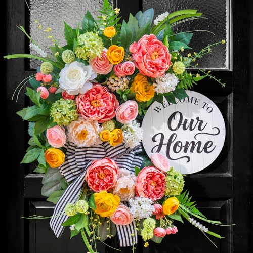 Soomeir Spring Summer Wreaths for Front Door 24 Inch, Half Moon Wreath with Peony, Rose & Dalia, Outdoor Spring Wreaths for Front Door Outside, Summer Wreath for Front Door Farmhouse Welcome Sign Door Decor - Image 1