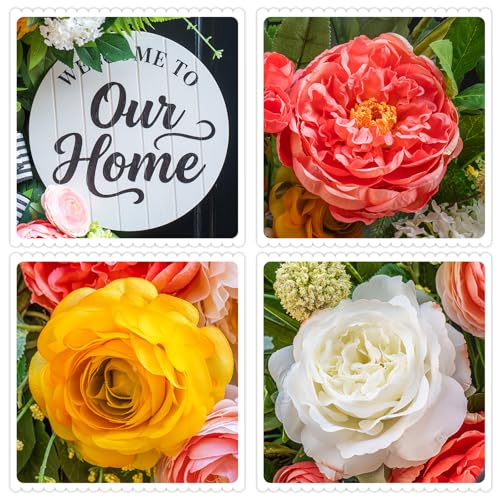 Soomeir Spring Summer Wreaths for Front Door 24 Inch, Half Moon Wreath with Peony, Rose & Dalia, Outdoor Spring Wreaths for Front Door Outside, Summer Wreath for Front Door Farmhouse Welcome Sign Door Decor - Image 4