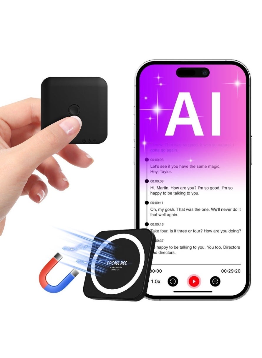 FoCase Rec AI Voice Recorder with Transcription & Translation, 64GB Digital Recorder for Meetings & Lectures, Smart Voice Recording Device with App Control, Magnetic Mini Dictaphone, 112 Languages