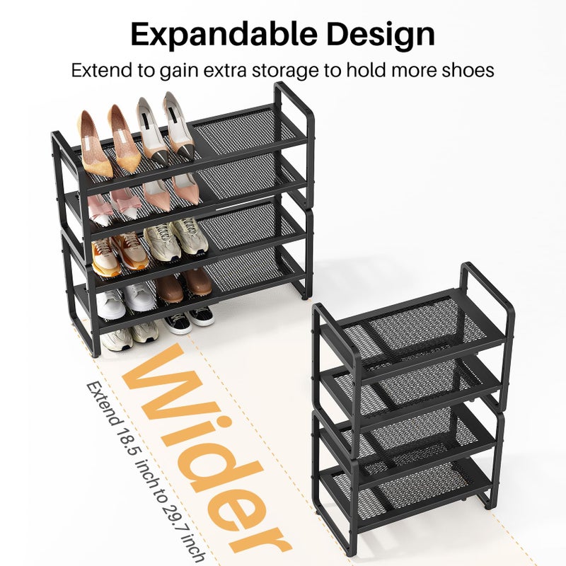 SNTD Shoe Rack - Expandable Shoe Organizer for Closet, Adjustable Metal Shoe Shelf Storage, Stackable Long Shoe Stand Holder for Garage, Entryway, Door Entrance (Black, 4-Tier) - Image 4