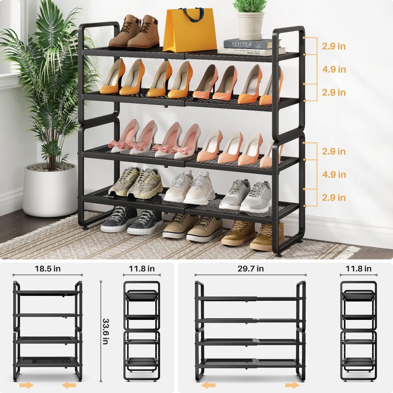 SNTD Shoe Rack - Expandable Shoe Organizer for Closet, Adjustable Metal Shoe Shelf Storage, Stackable Long Shoe Stand Holder for Garage, Entryway, Door Entrance (Black, 4-Tier) - Image 3