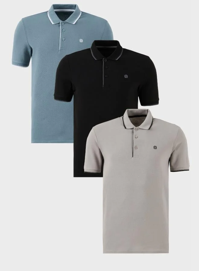 بوراتي تيشيرت بولو رجالي قطن بوراتي بقصة ضيقة وتفاصيل مخططة وعبوة من  قطع