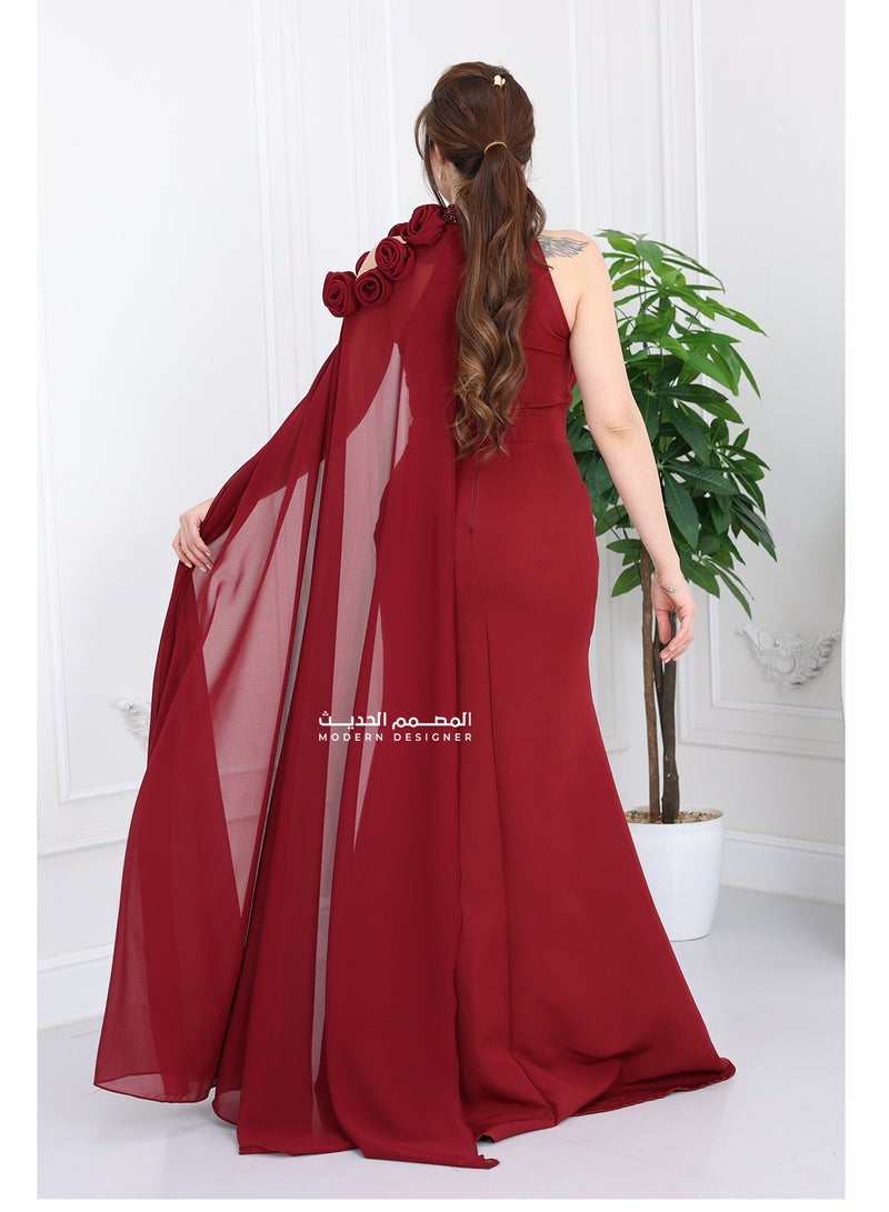Modern Design An elegant and modern dress crafted from the finest soft and light crepe fabric, designed with elegant and sophisticated embroidery on the chest and neck, with a high embroidered collar that adds charming luxury. The special touch begins with the luxurious floor-length chiffon that gives you a royal presence, and with the prominent embroidered rose on the shoulder, you will appear in the most beautiful look for every occasion. And let's not forget the tastefully designed slit at the bottom of the dress, which adds soft femininity and imaginary appeal to every step you take. A modern design that caters to the taste of the modern Saudi woman who loves distinction in every detail. Want to appear with an eye-catching look that suits all occasions? This dress will be your first choice. - Image 4