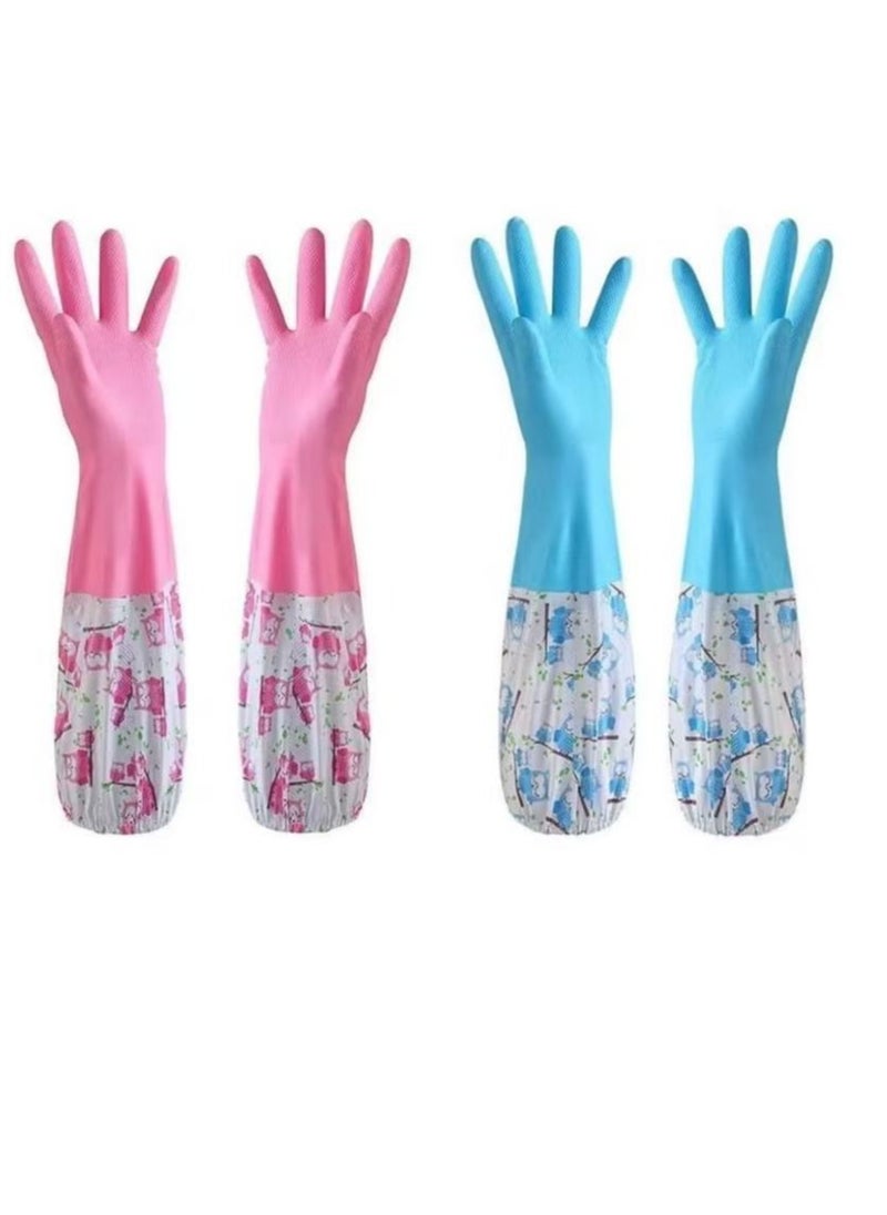 yongsheng 2 Pair Dishwashing Cleaning Household Gloves with Cotton Lining, Reusable Non-slip Waterproof Kitchen Gloves-Random style  - Image 1