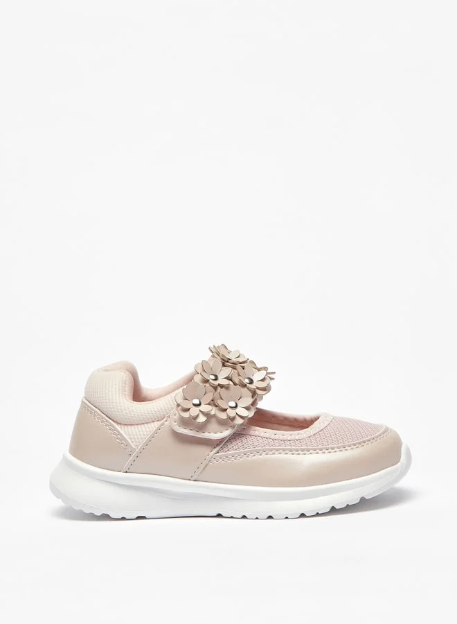 JUNIORS Girls Floral Applique Mary Jane Shoes With Hook And Loop Closure