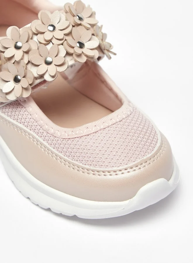 JUNIORS Girls Floral Applique Mary Jane Shoes With Hook And Loop Closure