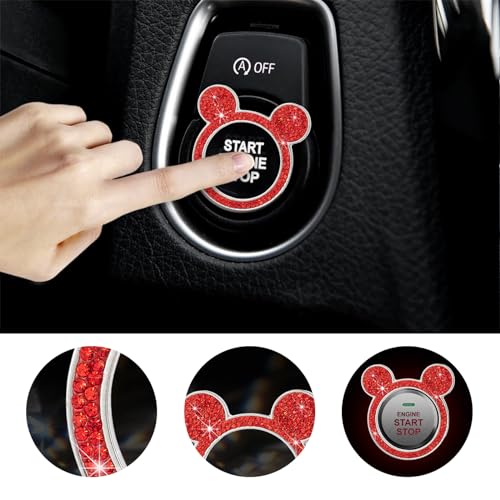Augeny Bling Car Engine Start Button Cover, Rhinestone Key Ignition Knob Ring, Sparkling Push to Start Button Sticker for Women, Universal Car Accessories for Interior Decoration (1PC, Red) - Image 4