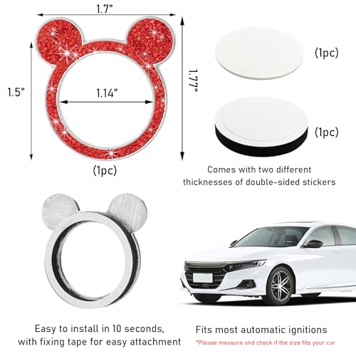 Augeny Bling Car Engine Start Button Cover, Rhinestone Key Ignition Knob Ring, Sparkling Push to Start Button Sticker for Women, Universal Car Accessories for Interior Decoration (1PC, Red) - Image 2