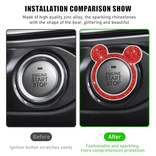 Augeny Bling Car Engine Start Button Cover, Rhinestone Key Ignition Knob Ring, Sparkling Push to Start Button Sticker for Women, Universal Car Accessories for Interior Decoration (1PC, Red) - Image 3