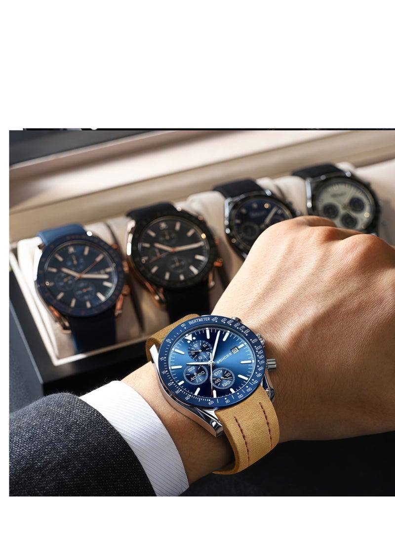 BINBOND Men's Watch Quartz Luxury Leather Waterproof Chronograph Watch - Image 3