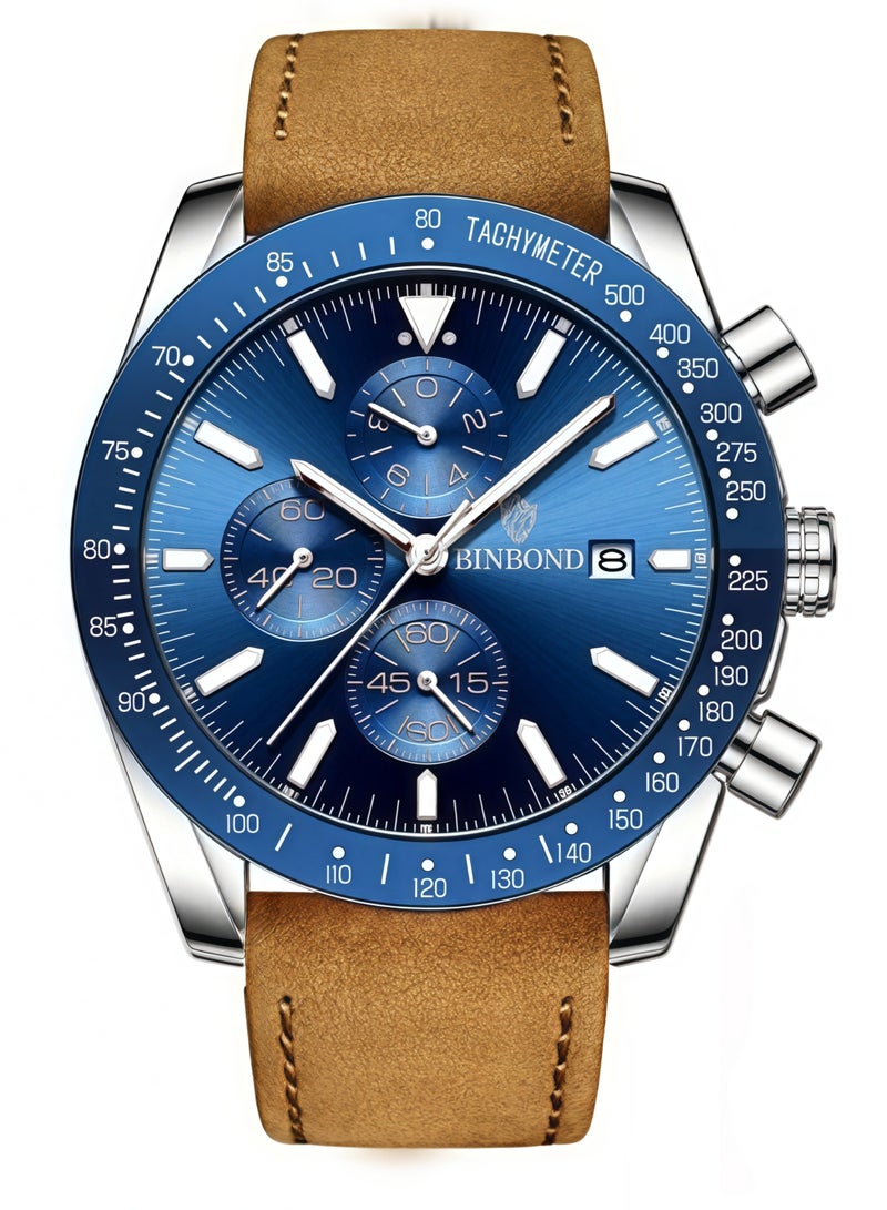 BINBOND Men's Watch Quartz Luxury Leather Waterproof Chronograph Watch - Image 1