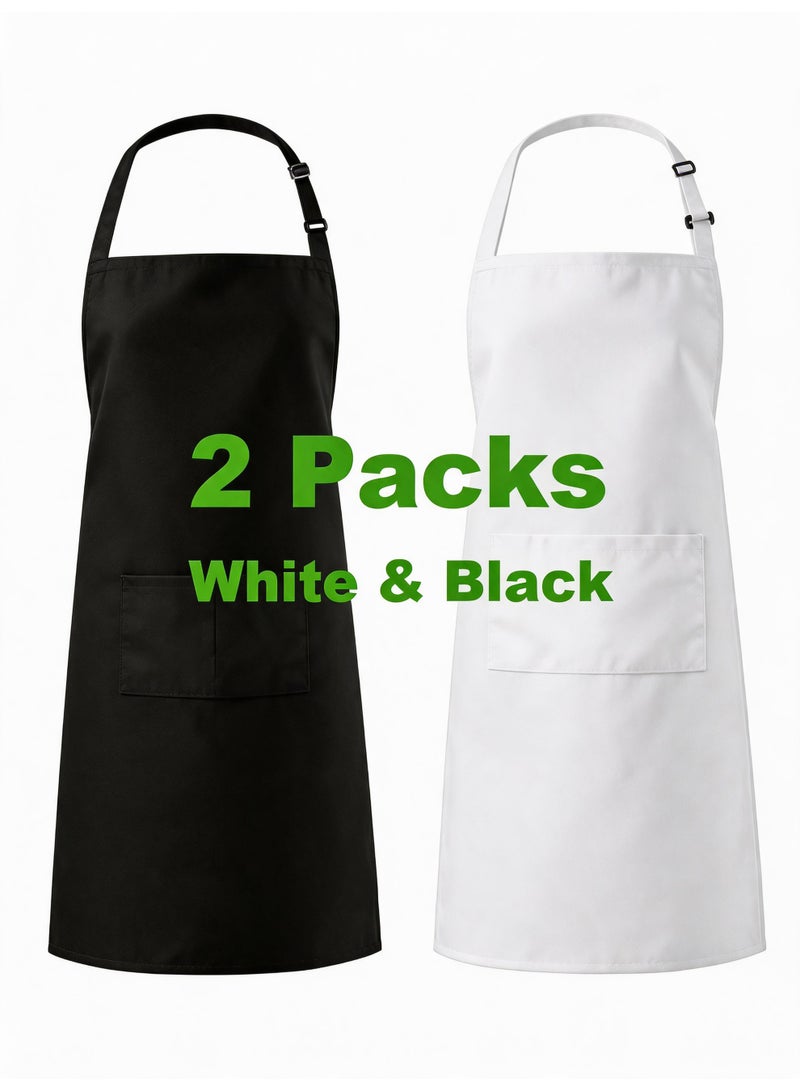 2 Packs White & Black, Adjustable Bib Apron Thicker Version Waterdrop Resistant with 2 Pockets Cooking Kitchen Aprons for Women Men Chef. - Image 1