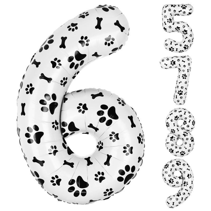 AXBMM 40 Inch Dog Foil Birthday BalloonsBlack White Dog Paw and Bone Print Number 6 Balloons for Girls Boys 6th Birthday Party Decorations Number 6 - Image 3