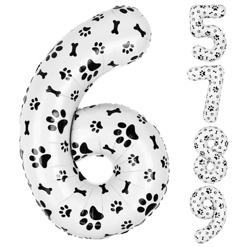AXBMM 40 Inch Dog Foil Birthday BalloonsBlack White Dog Paw and Bone Print Number 6 Balloons for Girls Boys 6th Birthday Party Decorations Number 6 - Image 1
