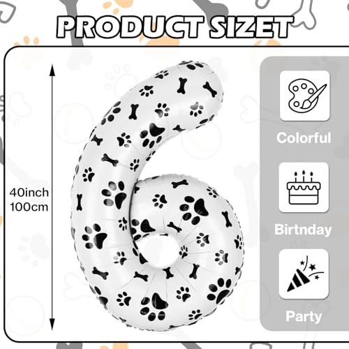 AXBMM 40 Inch Dog Foil Birthday BalloonsBlack White Dog Paw and Bone Print Number 6 Balloons for Girls Boys 6th Birthday Party Decorations Number 6 - Image 5