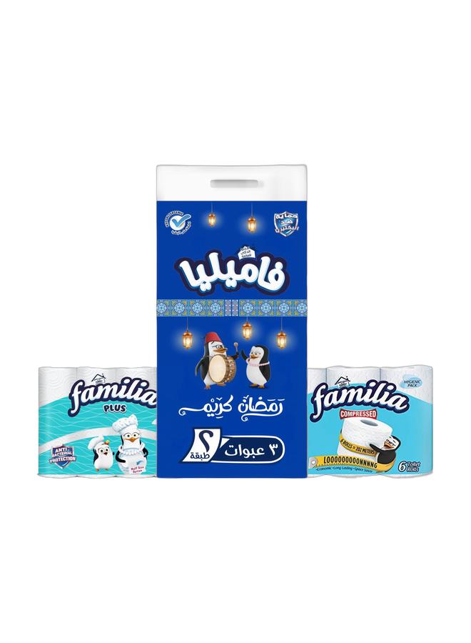 فاميليا باقة توفير (مناديل وجه مضادة للبكتيريا، طبقتان، ٥٠٠ × ٣ + لفائف حمام مضغوطة - ٦ لفات بيضاء + لفائف مطبخ مضادة للبكتيريا - ٤ لفات) - Image 1