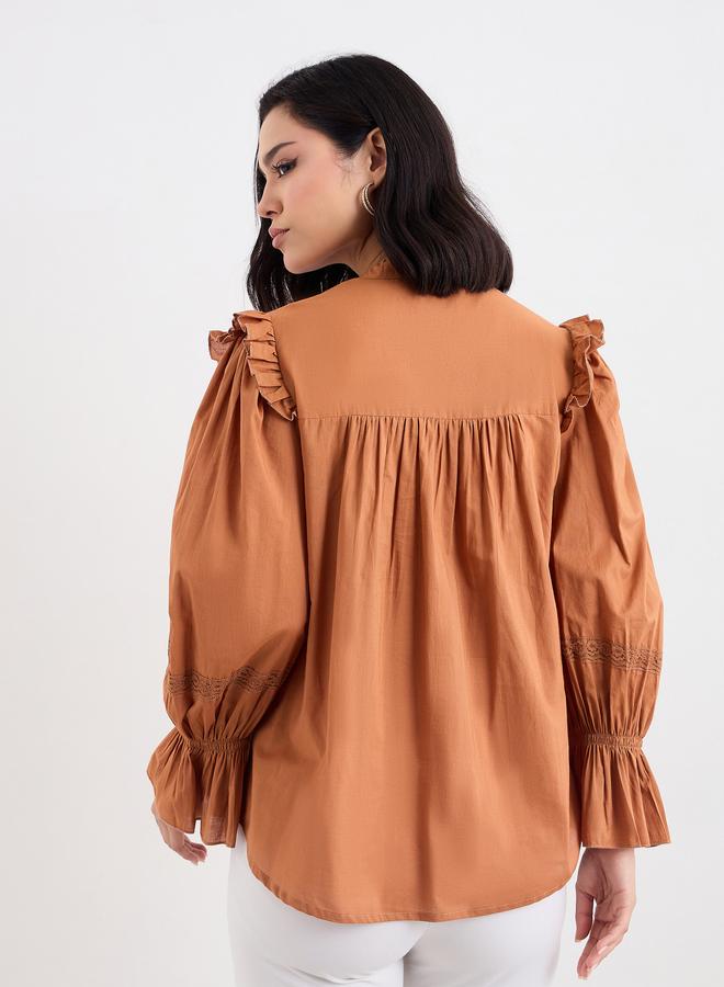 ستايلي بلوزة ستايلي بنية بكشكشة وتفاصيل دانتيل - Image 4